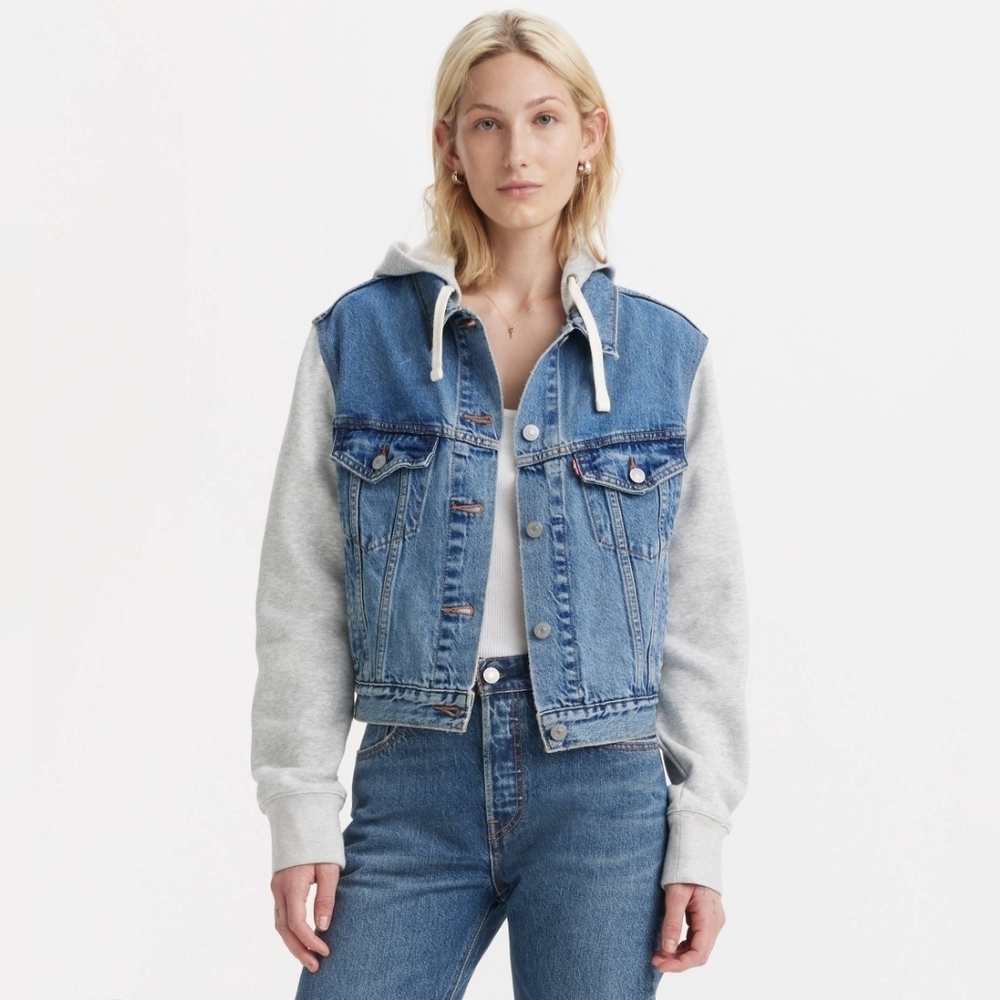 Levi Strauss & Co. Women's Hooded Collared Button Jacket Blue Gray Long Sleeve M